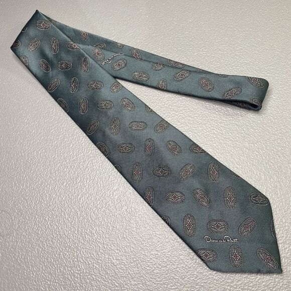 Vintage OSCAR DE LA RENTA Studio Mens Silk Tie Necktie Teal Geometric Made USA - Picture 5 of 5